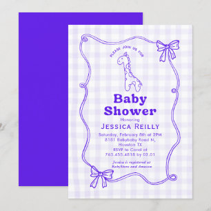 Sweet Giraffe Plaid Bow Elegant Baby Shower Invita Invitation