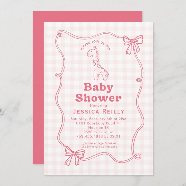 Sweet Giraffe Plaid Bow Elegant Baby Shower  Invitation (Front/Back)