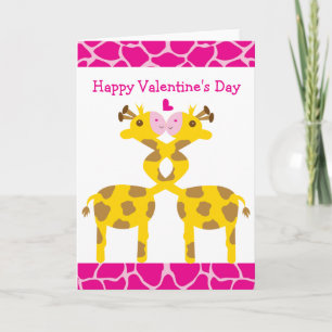 Sweet Giraffes in Love Pink Happy Valentines Day Holiday Card