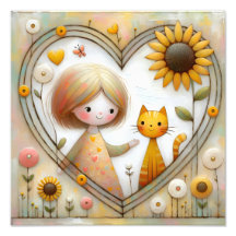 Sweet Girl and Ginger Cat with Sunflowers