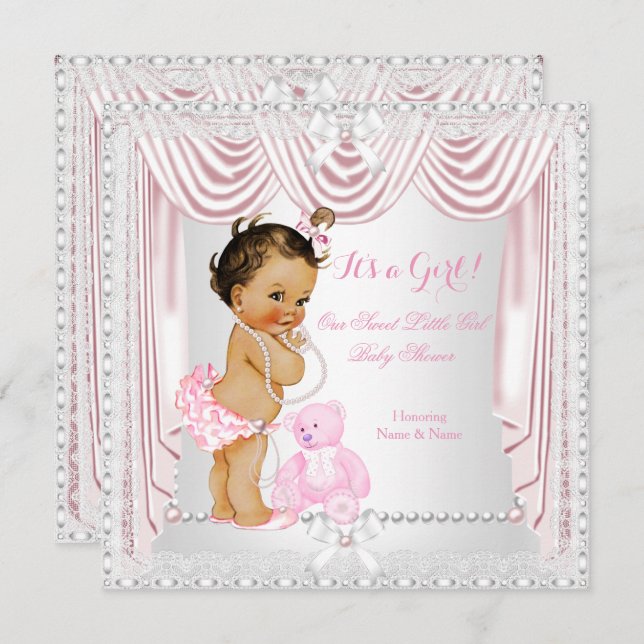 Sweet Girl Baby Shower Pink Satin Brunette Baby Invitation (Front/Back)