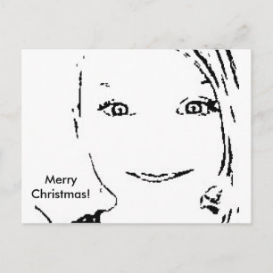 Sweet Girl, Black  White Portrait, Merry Christmas Holiday Postcard