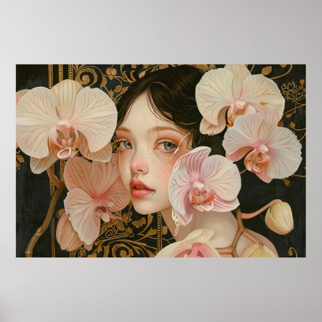 Sweet Girl in Pastel Orchid Flowers Poster (Front)