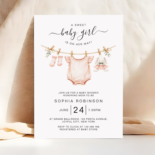 Sweet Girl Is on the Way Clothesline Baby Shower Invitation (Creator Uploaded)