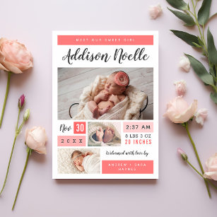 Sweet Girl Magnetic Photo Birth Announcement