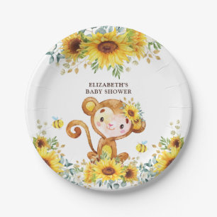 Sweet Girl Monkey Sunflower Baby Shower Wild One Paper Plate