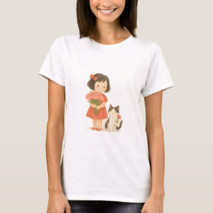 Sweet Girl with Carnations and Smiling Cat T-Shirt