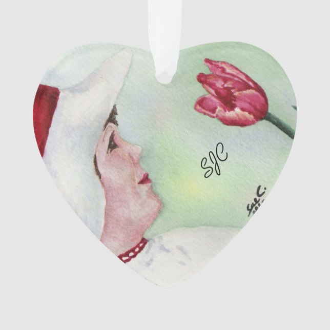 SWEET GIRL WITH RED FLOWER VALENTINE ORNAMENTS (Front)