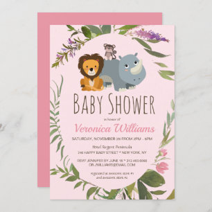 Sweet Girls Jungle Safari Animals Pink Baby Shower Invitation