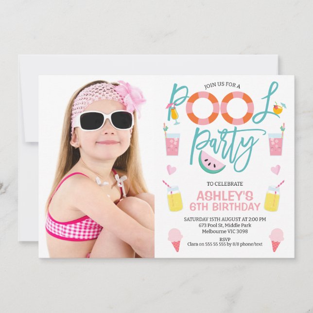 Sweet Girls Photo Summer Pool Party Birthday Invitation (Front)