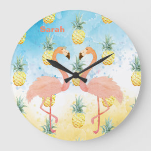 Sweet Girly Flamingo and Pineapple Large Clock