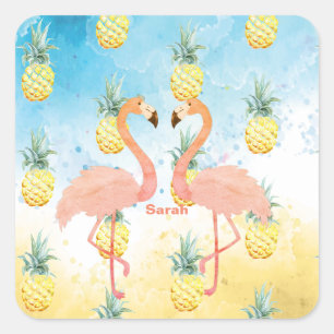 Sweet Girly Flamingo and Pineapple Square Sticker
