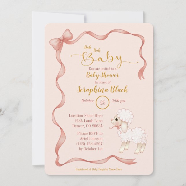 Sweet Girly Pink Bow Lamb Baby Shower Invitation (Front)