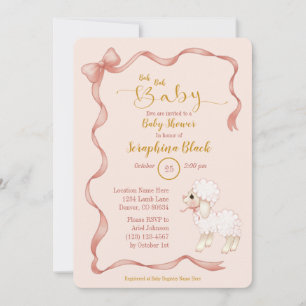 Sweet Girly Pink Bow Lamb Baby Shower Invitation