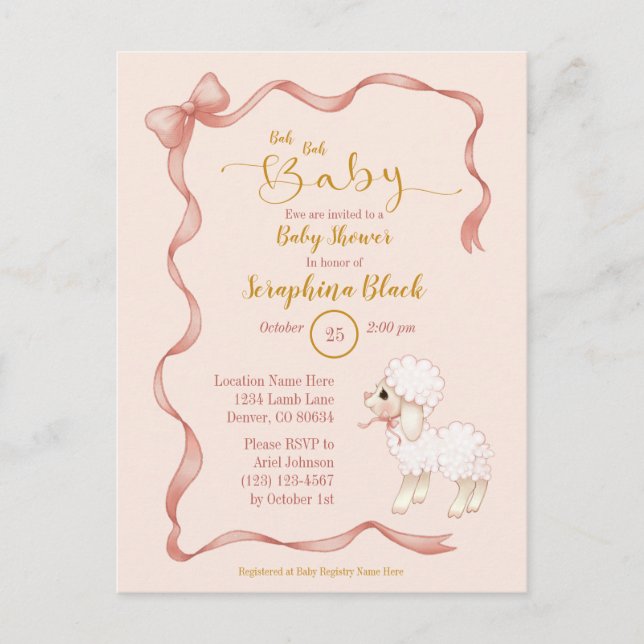 Sweet Girly Pink Bow Lamb Baby Shower Invitation Postcard (Front)