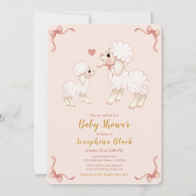 Sweet Girly Pink Lamb Baby Shower Invitation (Front)