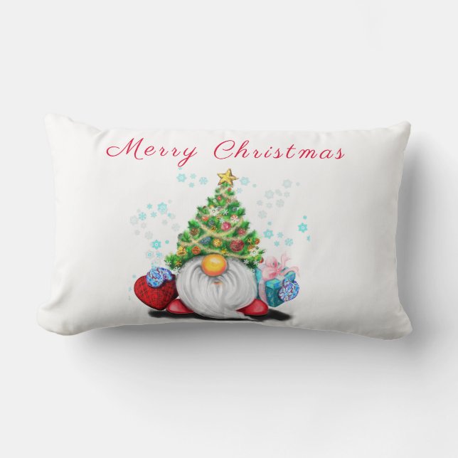 Sweet Gnome with Christmas Tree Hat and Gift Lumbar Cushion (Front)