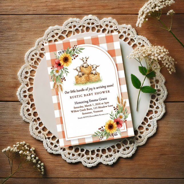 Sweet Goat Hay Bale Gingham Baby Shower Invitation (Creator Uploaded)