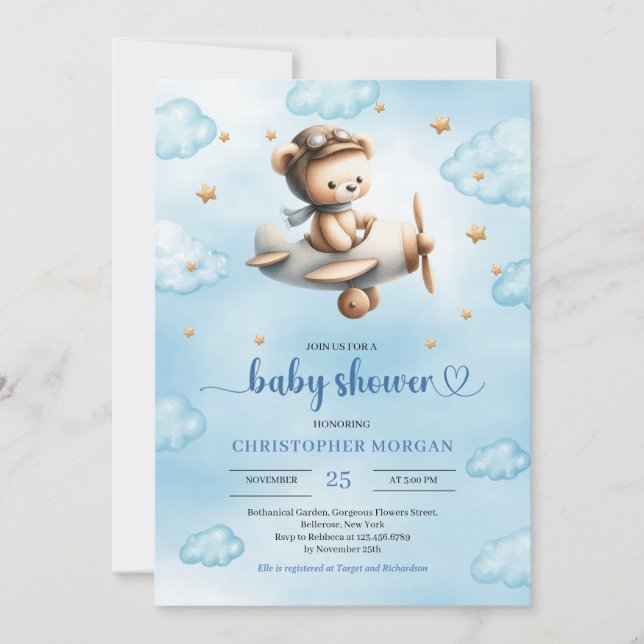 Sweet gold airplane bear theme boy baby shower  invitation (Front)