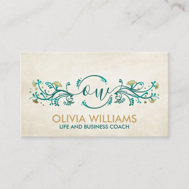 Sweet Gold and Teal Floral Swirl Monogram Business Card (Front)