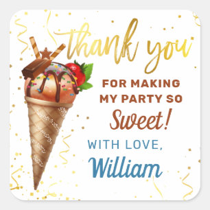 Sweet Gold Chocolate Ice Cream Birthday Thank You Square Sticker