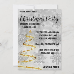 Sweet Gold Christmas Tree, Silver Snowflake Invitation