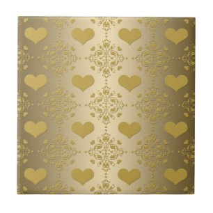 Sweet Gold Hearts Damask Pattern Ceramic Tile