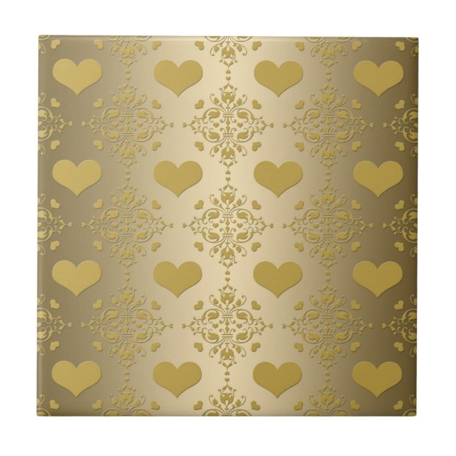 Sweet Gold Hearts Damask Pattern Ceramic Tile (Front)
