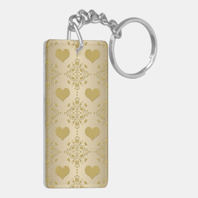 Sweet Gold Hearts Damask Pattern Key Ring (Back Left)