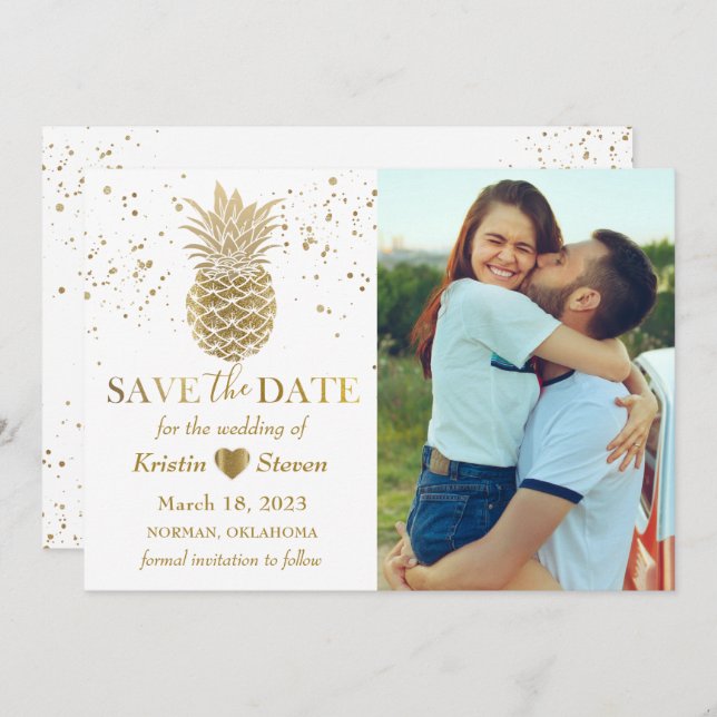 Sweet Gold Pineapple Photo Save the Date Card (Front/Back)