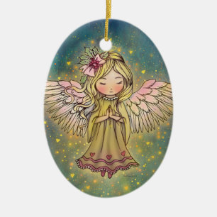Sweet Golden Angel Whimsical Art by Molly Harrison Ceramic Ornament