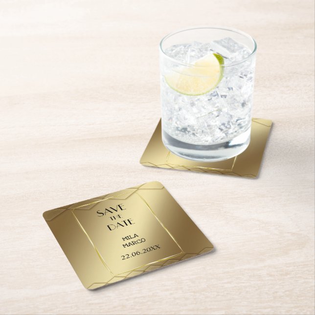 Sweet golden modern square paper coaster (Insitu)