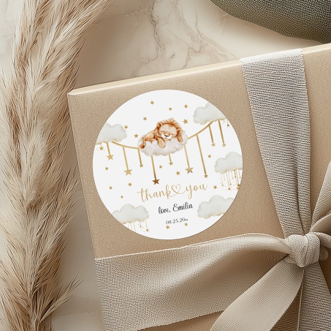 Sweet Golden Starry Lion Cloud Baby Shower Classic Round Sticker (Creator Uploaded)