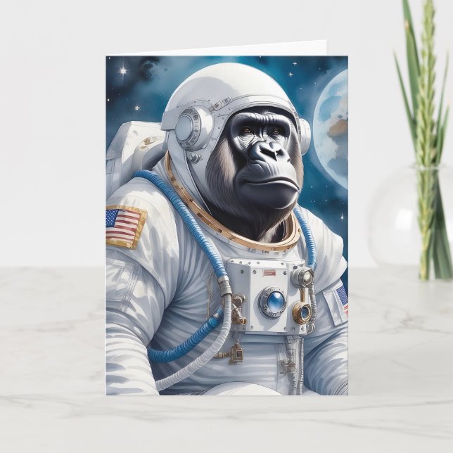 Sweet Gorilla in Astronaut Suit in Outer Space Card (Front)