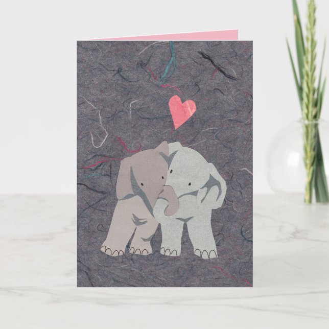 Sweet Gray Elephants in Love for Valentine's Day Holiday Card (Front)