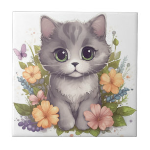 Sweet Gray Kitten with Flowers Kawaii Chibi Ceramic Tile