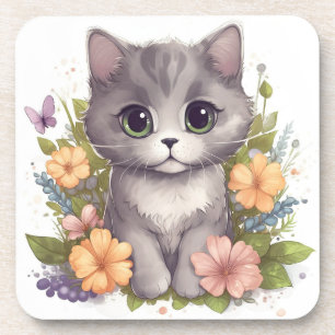 Sweet Gray Kitten with Flowers Kawaii Chibi Coaster