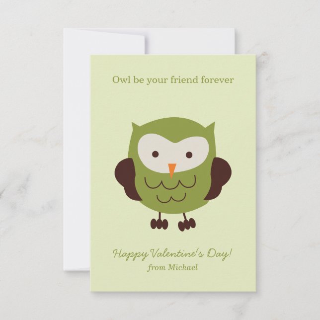 Sweet Green Owl Classroom Valentine Cards (Front)