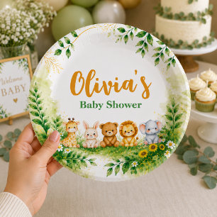 Sweet Green Watercolor Woodland Animals Party Paper Plate