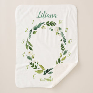 Sweet Greenery Baby Name Monthly Milestone Photo Sherpa Blanket