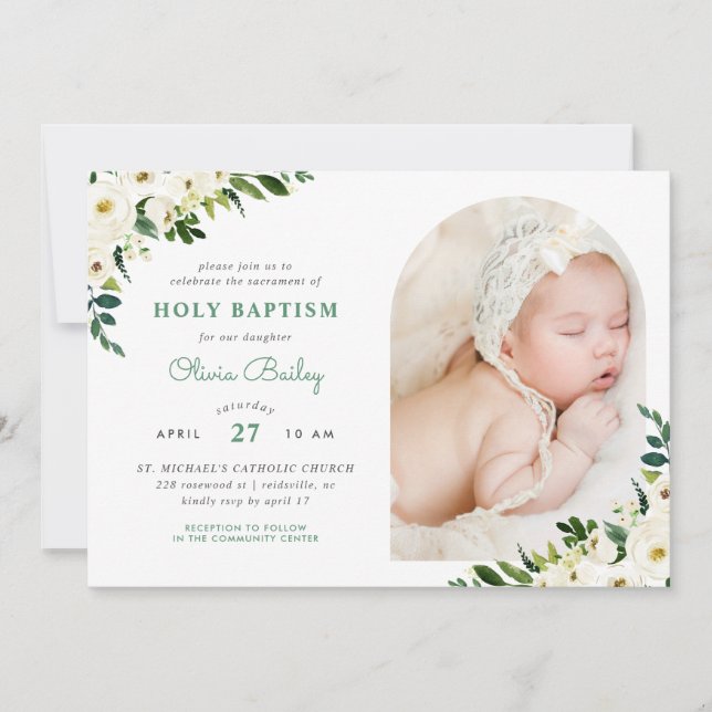 Sweet Greenery Floral Baby Girl Photo Baptism Invitation (Front)