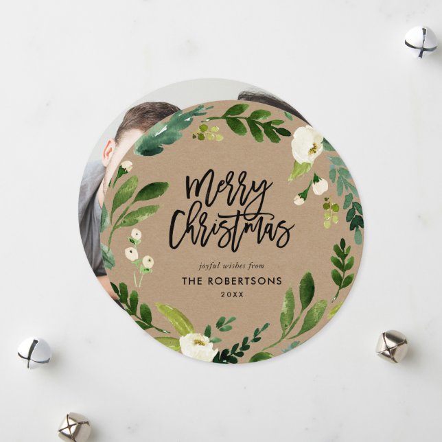 Sweet Greenery Floral Wreath Round Photo Holiday Card (Front/Back In Situ)