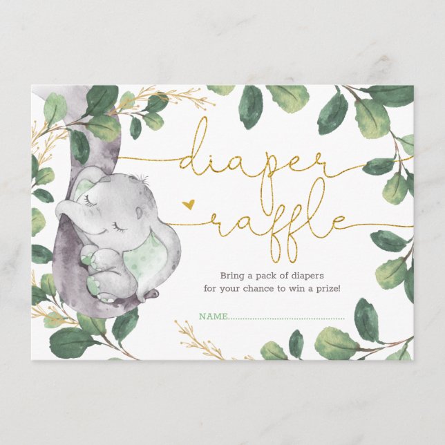 Sweet Greenery Gold Elephant Baby Diaper Raffle Enclosure Card (Front)