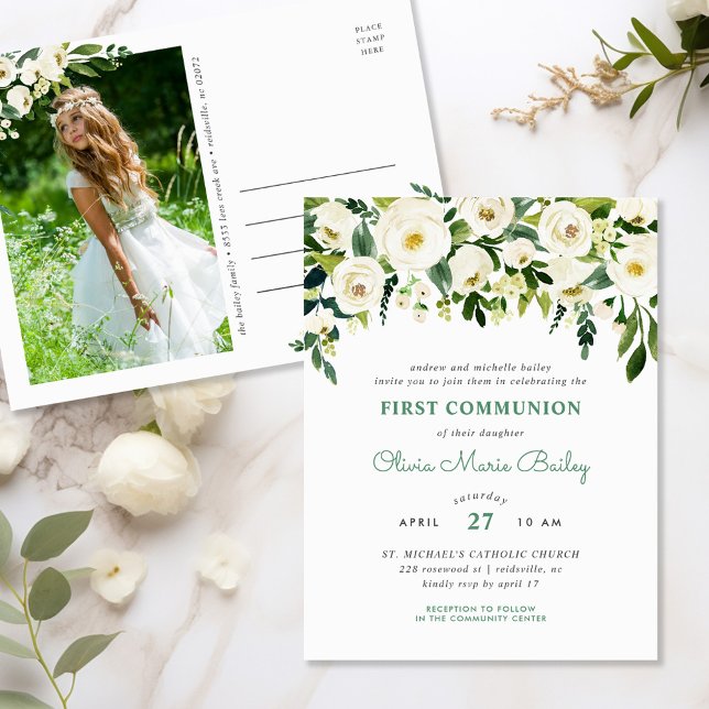 Sweet Greenery Photo First Communion Invitation (Creator Uploaded)