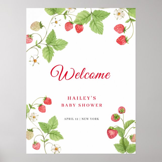 Sweet Greenery Strawberry Baby Shower Welcome  Poster (Front)