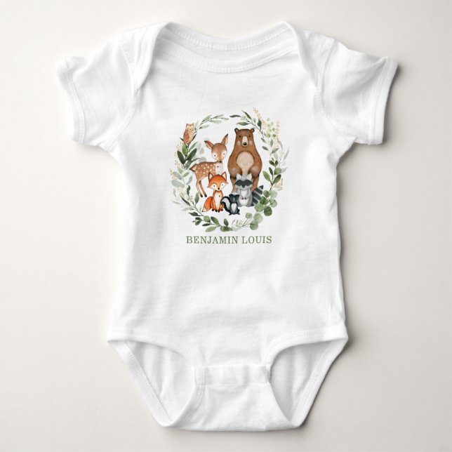 Sweet Greenery Woodland Forest Animals Monogram Baby Bodysuit (Front)