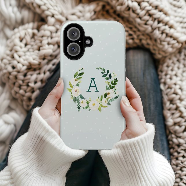 Sweet Greenery Wreath and Mint Dots Monogram Case-Mate iPhone Case (Creator Uploaded)