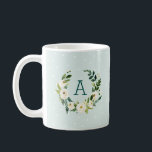 Sweet Greenery Wreath and Mint Dots Monogram Coffee Mug<br><div class="desc">Custom monogrammed coffee mug personalised with your initial or other text. This simple farmhouse inspired design features a watercolor wreath of greenery and white flowers on a mint polka dot background. Add your monogram letter in the botanical frame. Use the design tools to choose any background colour, change text fonts...</div>