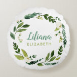 Sweet Greenery Wreath Baby Name Monogram Round Cushion<br><div class="desc">Custom round throw pillow with a pretty watercolor greenery wreath on a white background. Personalise it with your baby's name or other text in any fonts and colours. Use the design tools to upload your own photos and edit the text and colours to match any nursery decor.</div>
