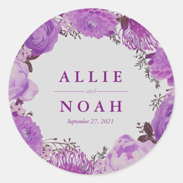 Sweet Grey and Purple Floral wedding Classic Round Sticker (Front)